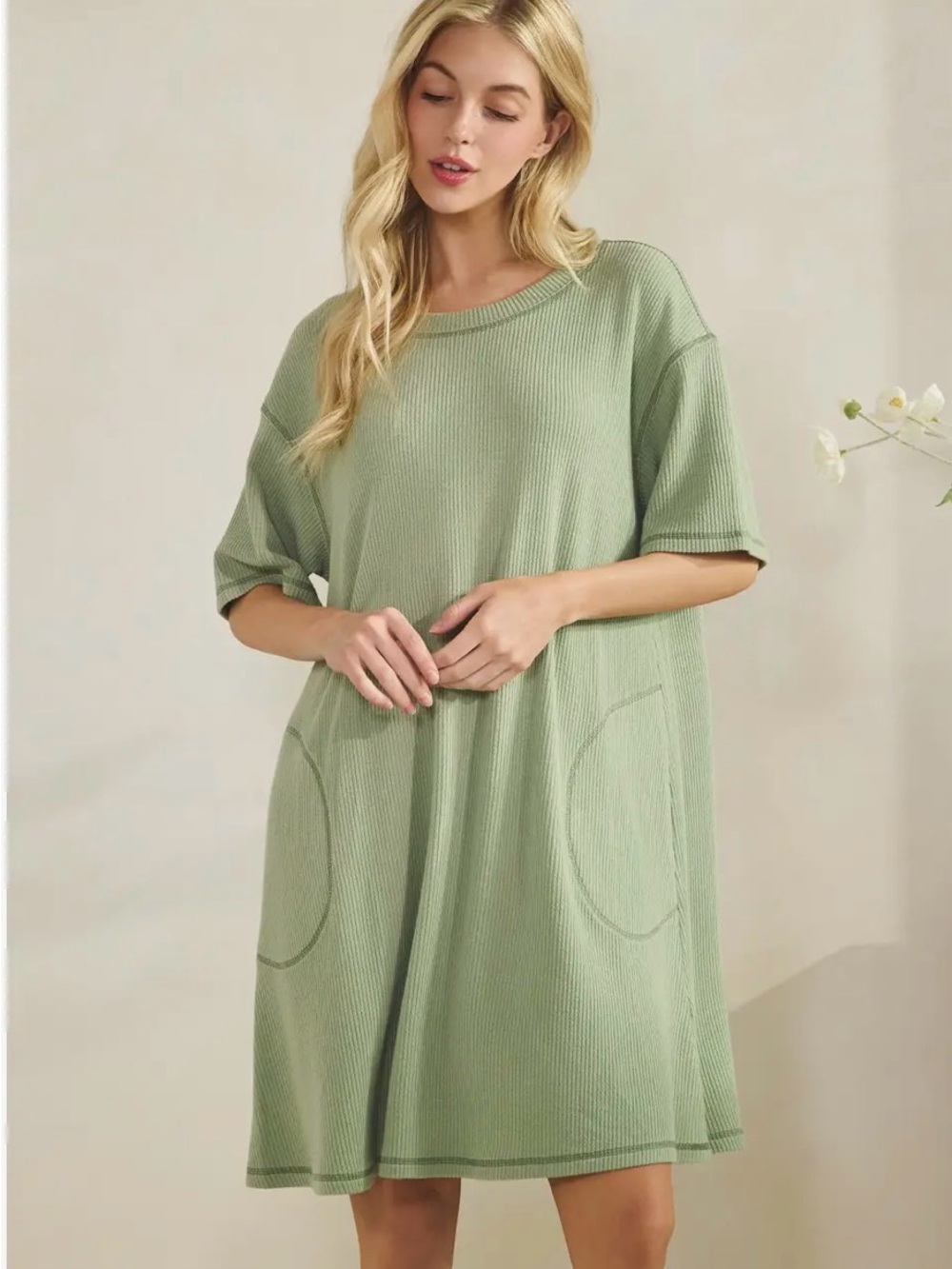 Relaxed Sage Green Waffle Knit Pocket Dress